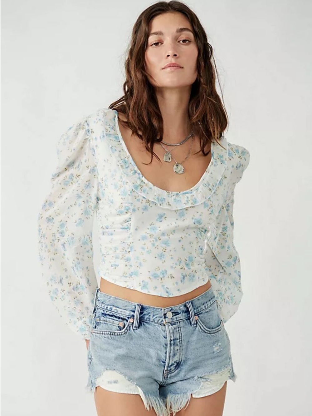 Free People Another Life Floral Scoop-Neck Puff Sleeve Crop Top NWT